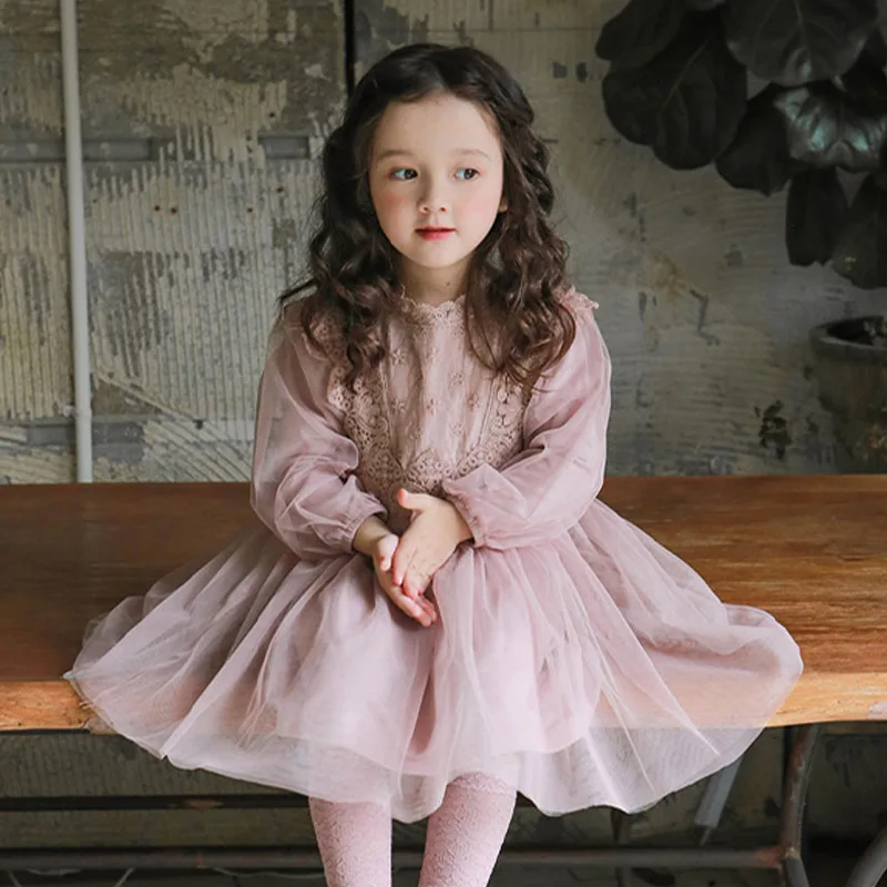 2025 Spring Summer New Mesh Dress Children Korean Clothes Girl French Lantern Sleeve Dress Elegant Princess Dress Kids 2-15