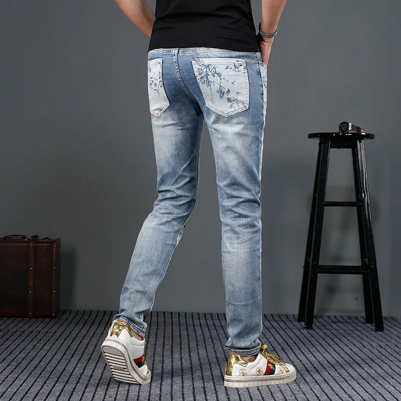 Light luxury high-end printed jeans men's fashion trend 2024 New stretch fashion denim slim fit tapered pants