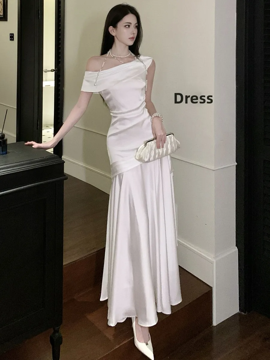 Commute Elegant One-Shoulder Strapless Dress Sexy High Waist Pleated Slimming Long Skirt Trendy Short Sleeve Women's Dress
