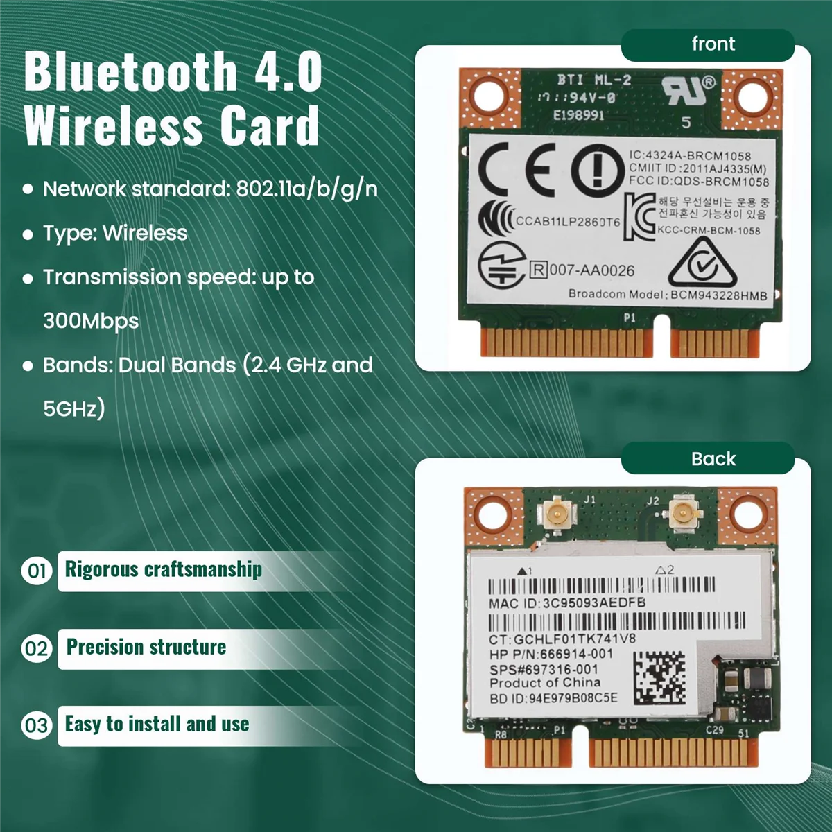 بطاقة RISE ثنائية النطاق 2.4+5G 300M 802.11A/B/G/N Wifi Bluetooth 4.0 لاسلكية نصف بطاقة Pci-E صغيرة لـ Hp Bcm 943228 Hmb Sps 718451 -001