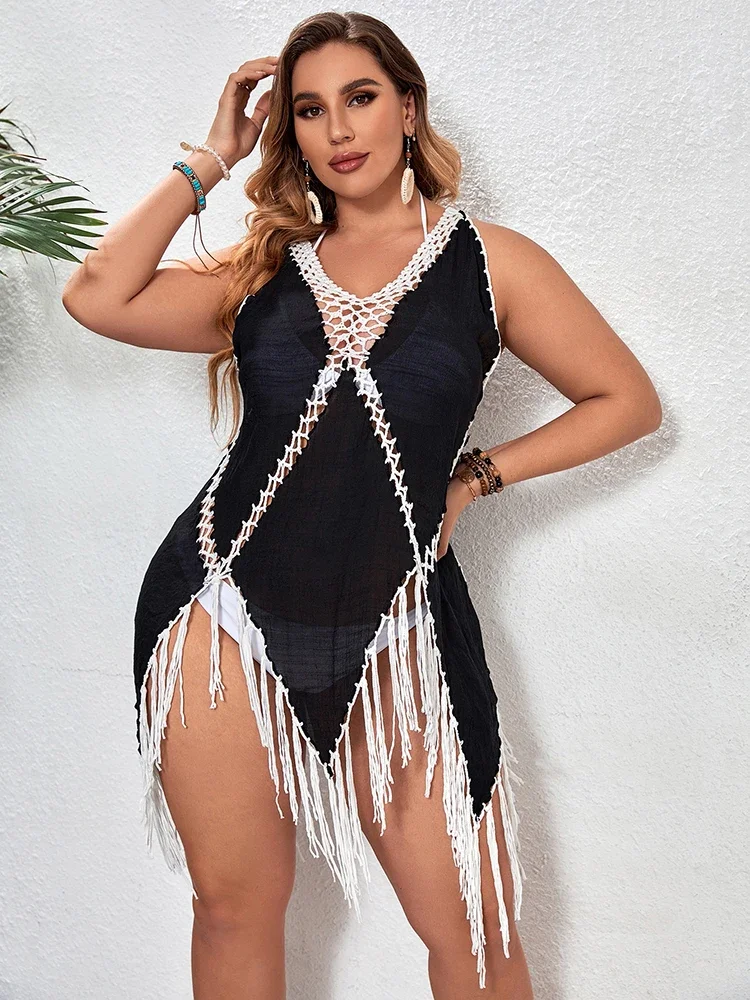 Plus rozmiar Cover Up bikini kobiety strój kąpielowy strój kąpielowy na plaży strój kąpielowy na plaży Knitting stroje kąpielowe siatkowy artystyczny Cover-Up Mini sukienka