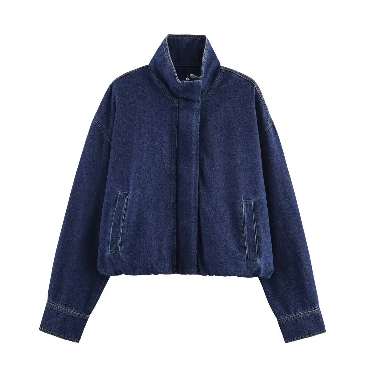 

Woman's Cropped Denim Jacket Stand Collar Zipper Pleated Solid Color Pocket Coat Street All-match Early Autumn Female Top