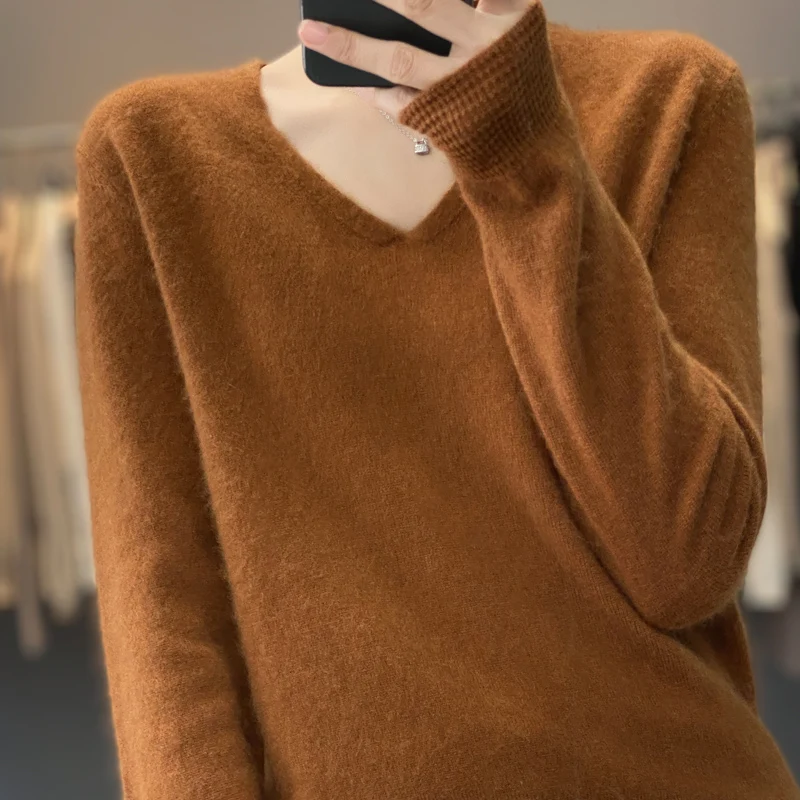 Cashmere sweater Women's V-neck 100% pure wool Women's sweater knitted long sleeved pullover South Korea casual fashion top