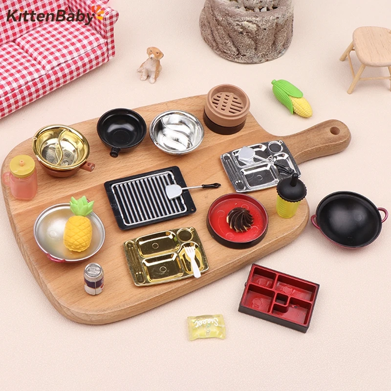 2Pcs 1:12 Dollhouse Miniature Dinner Plate BBQ Tray Pot Casserole Hot Pot Tableware Model Kitchen Decor Toy