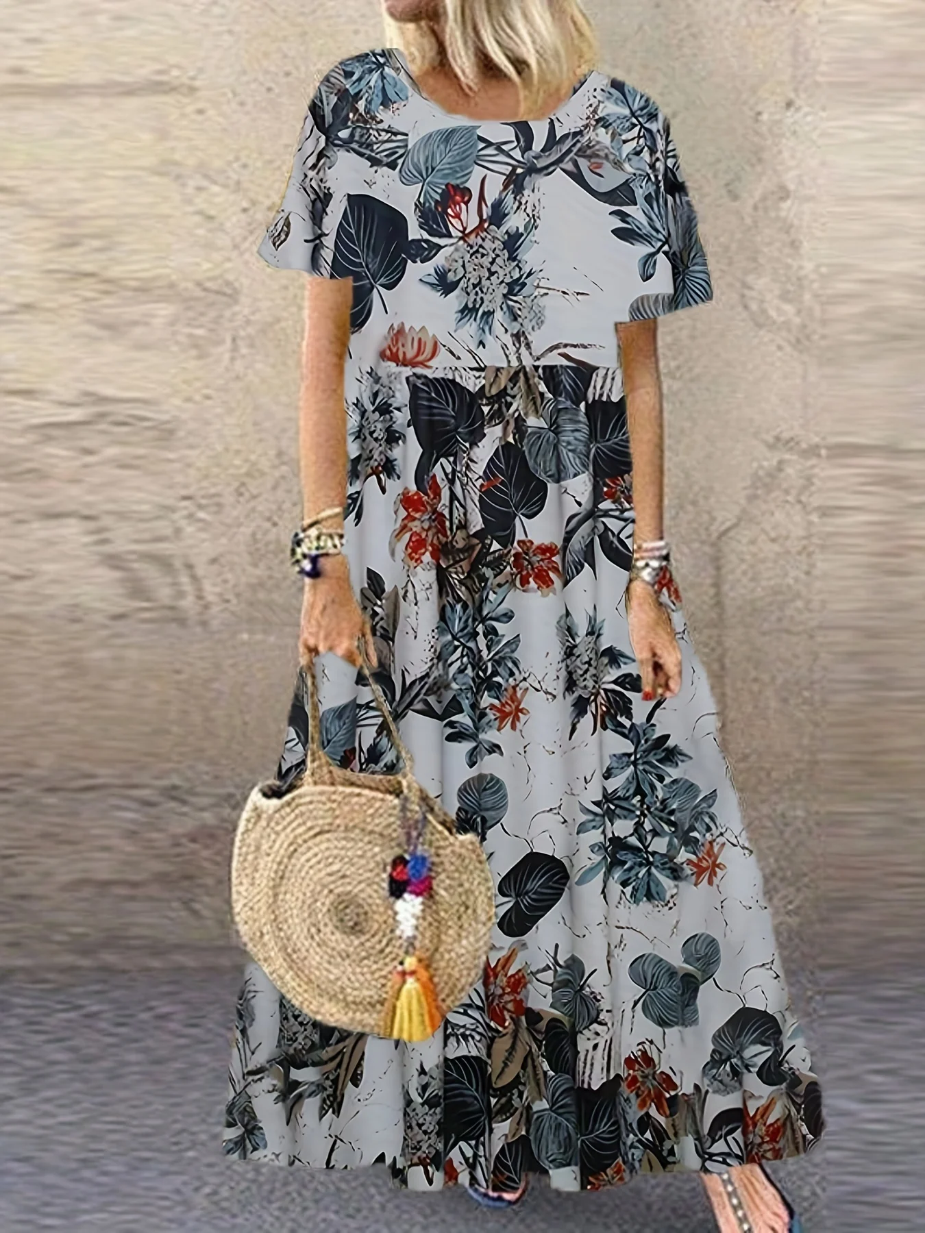 2024 Neues Kleid mit Retro-Blumendruck, kurze Ärmel, Rundhalsausschnitt, neu – Detail 4
