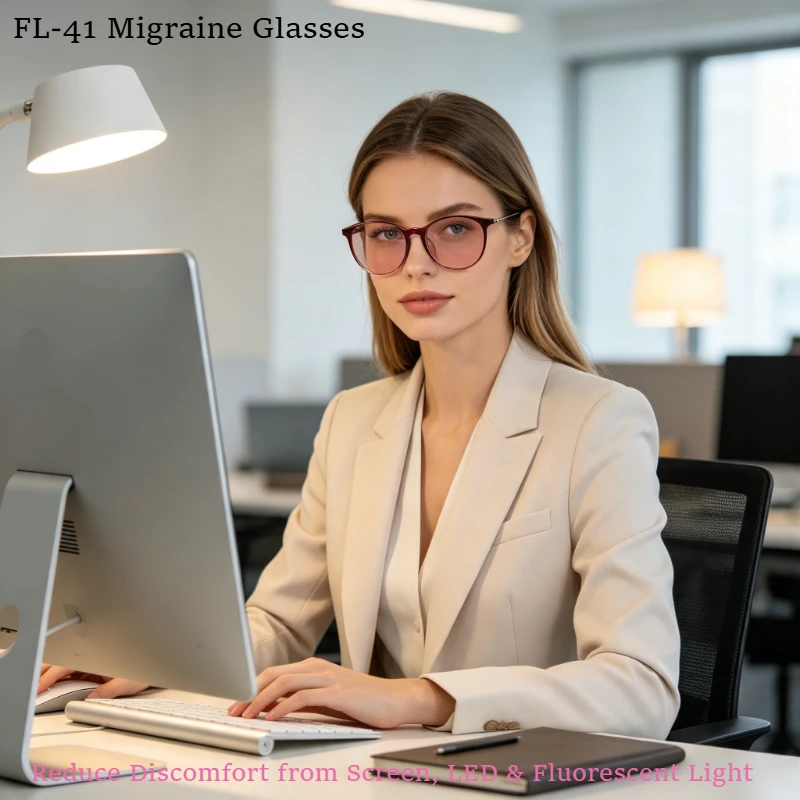 SHINU FL-41 Photochromic Light Sensitivity Glasses Migraine Headache Relief Rose Lens Indoor Outdoor UV400 Blue Light Glasses