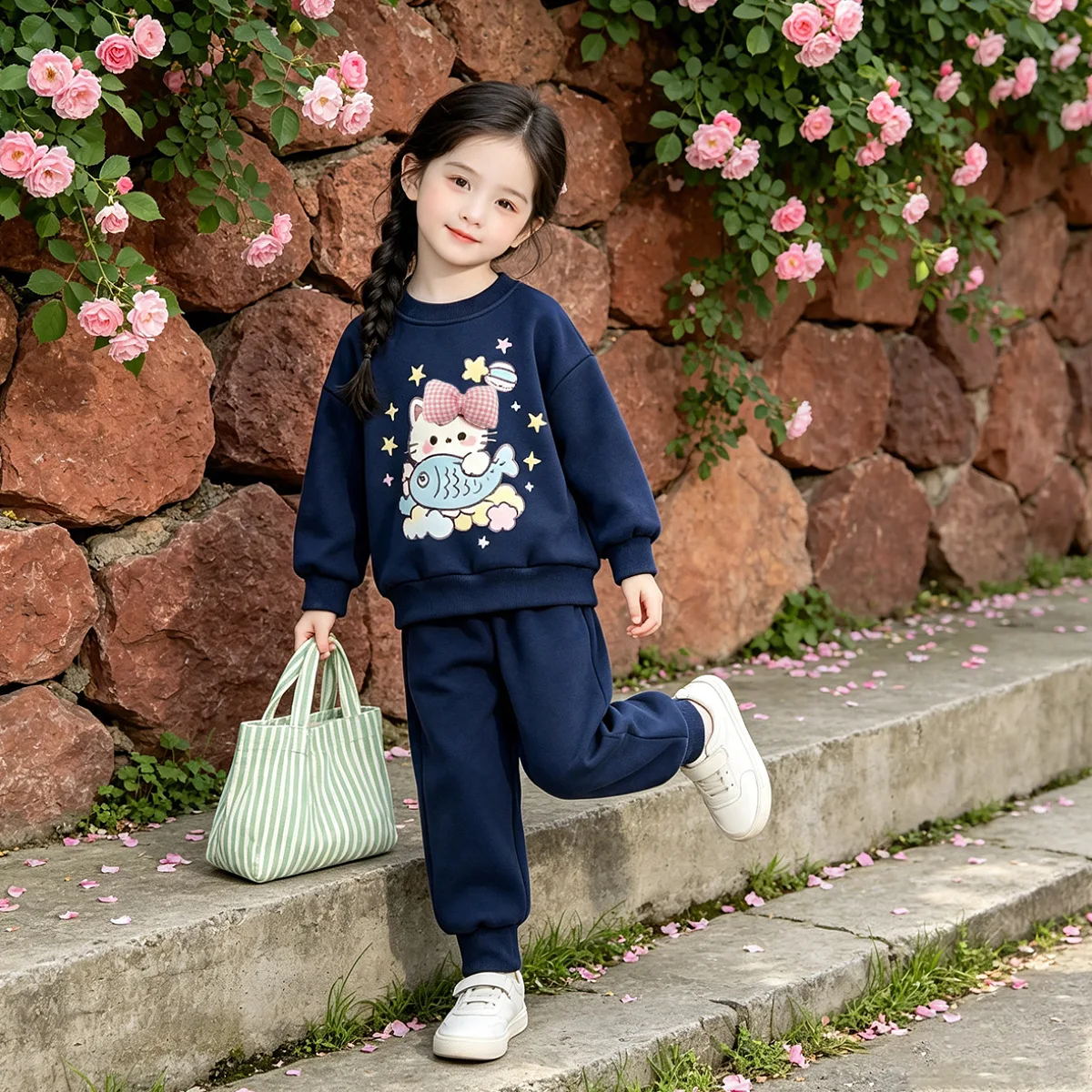Mädchen-Cartoon-Katzen-Sweatshirt & Weitbein-Hosen-Set – Süßes koreanisches 2-teiliges Outfit für Kinder, lässige lockere Frühlings- und Herbstkleidung – Detail 4