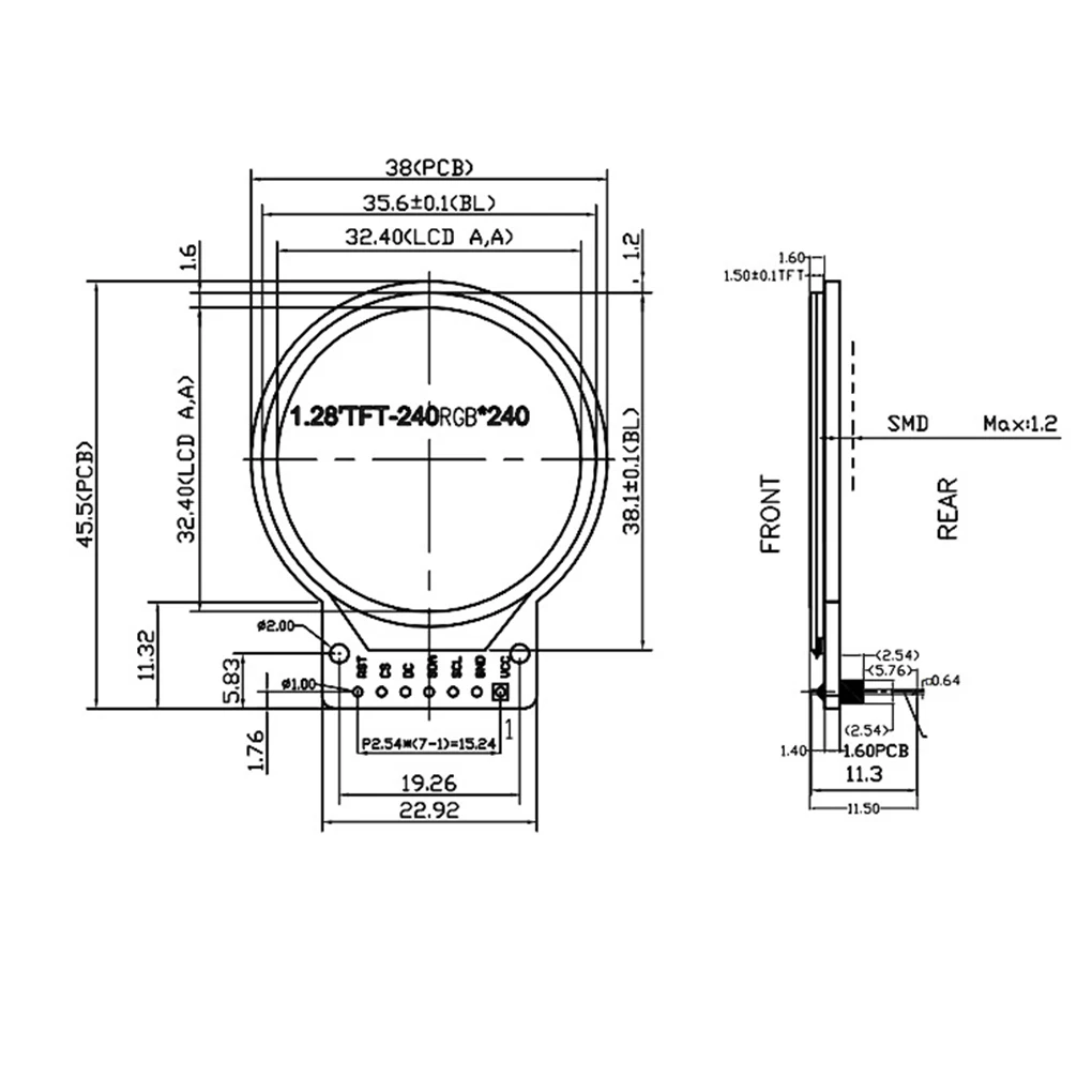 1.28 inch TFT LCD Display Module Round RGB IPS HD 240x240 Resolution GC9A01 Driver 4 Wire SPI Interface Adapter Board