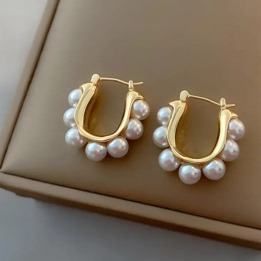 Stylish U-shaped Hoop Earrings Gold Color Elegant Imitation Pearl Earrings Wedding Party Girls Luxury Accessories Women's Gifts image 5