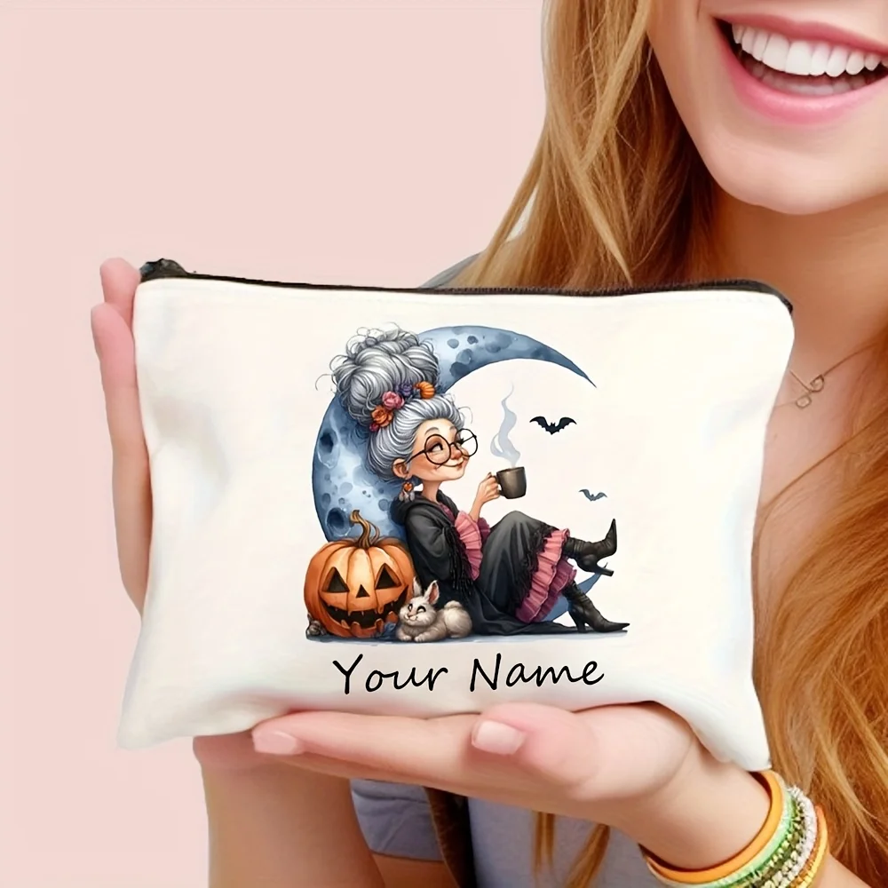 Customizable Name Halloween Makeup Bag Witch Pumpkin Ghosts Bats Design Large Capacity Cosmetic Organizer Fashion Toiletry Bag