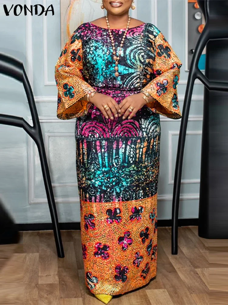 

Плюс размер 5XL VONDA женское платье макси с богемным принтом Vestidos 2025 с круглым вырезом и расклешенными рукавами вечерние сарафан повседневный свободный сарафан