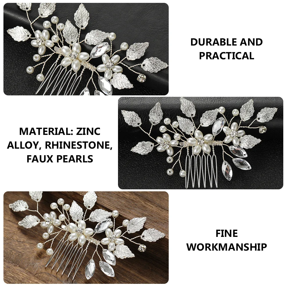 إكسسوارات الشعر الفضية، مشط شعر مرصع بأحجار الراين واللؤلؤ للنساء، تصميم حفل زفاف العروس، مشط جانبي أنيق يحمل بقوة بدون #3