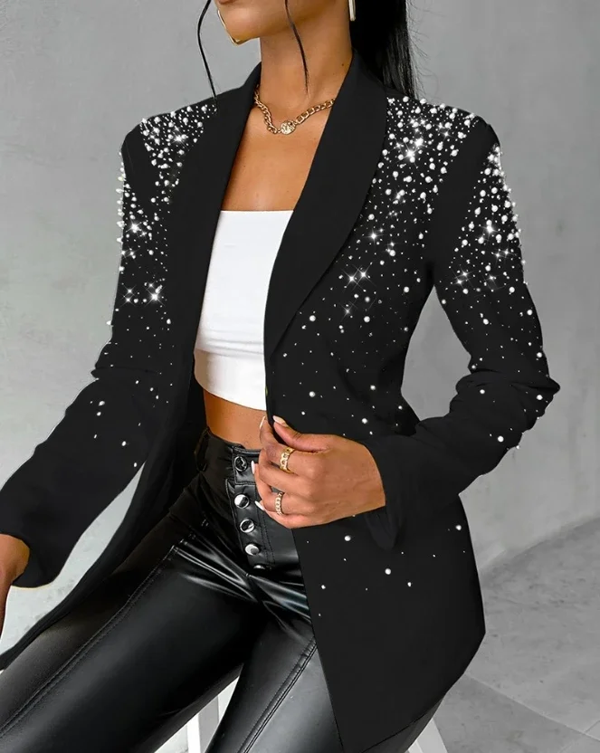 

2024 New Blazer Woman Autumn Fashion Beaded Elegant Temperament Shawl Collar Plain Long Sleeve Work Blazer Coat Office Lady