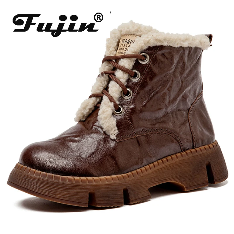 

Fujin 3.5cm Winter Plush Cow Moccasins Woman Fashion Flats Comfy Boots Shoes Suede Genuine Leather Autumn Ankle Spring Booties