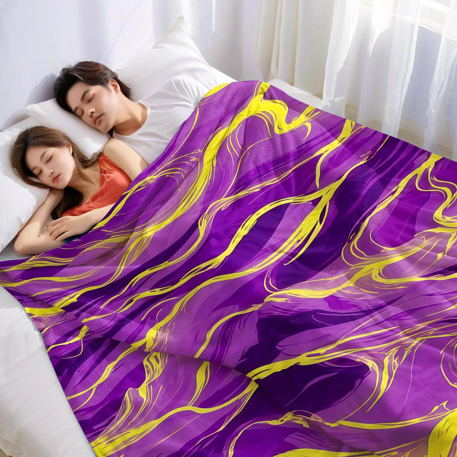 Purple Gold Fluid Wave Lightweight Microfiber Soft Christmas Fleece Blanket Warm Cozy Throw for Sofa Office Travel All Season