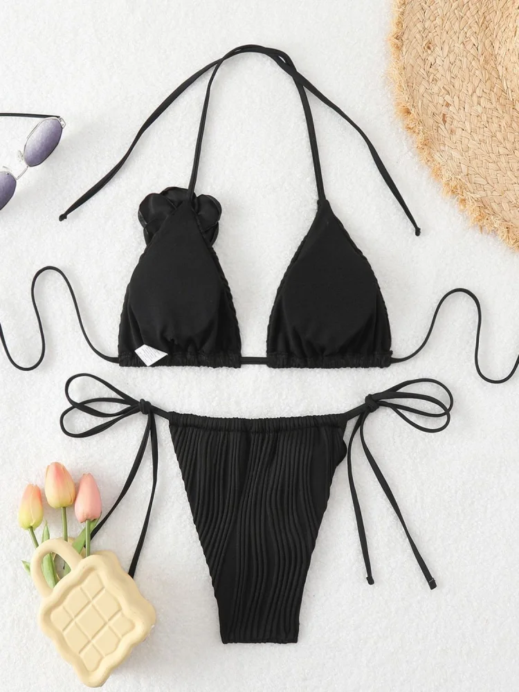 ビキニ レディース 水着 2026 新作 ブラック リブ編み ホルターネック ビキニセット セクシー レースアップ 水着 夏 ツーピース ビーチ 水着 女性用