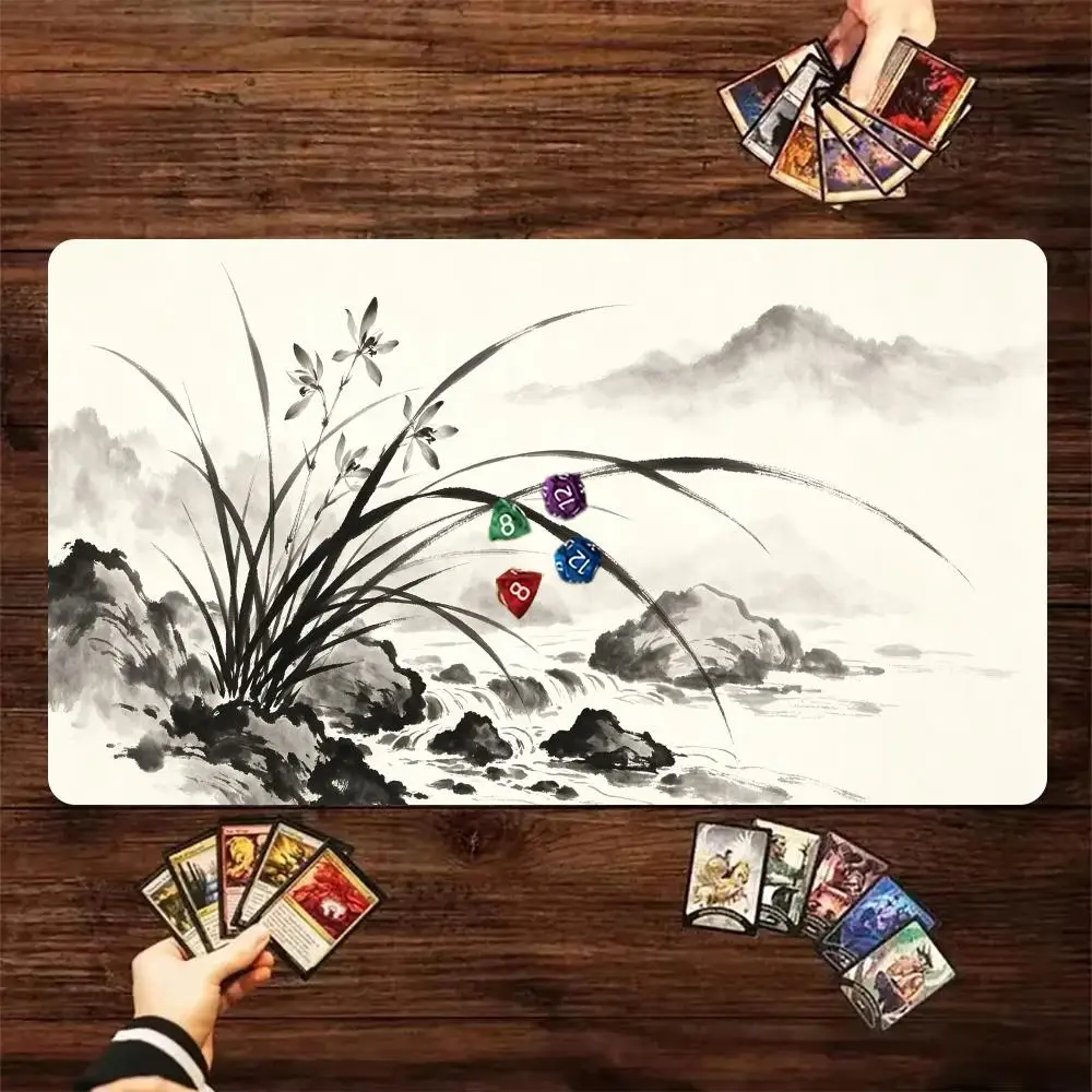 Oriental Chinese Ink Wash Painting Orchid Mountain River Playmat Rubber Non‑Slip Card Game Mat For TCG Board Game Desk Mouse Pad