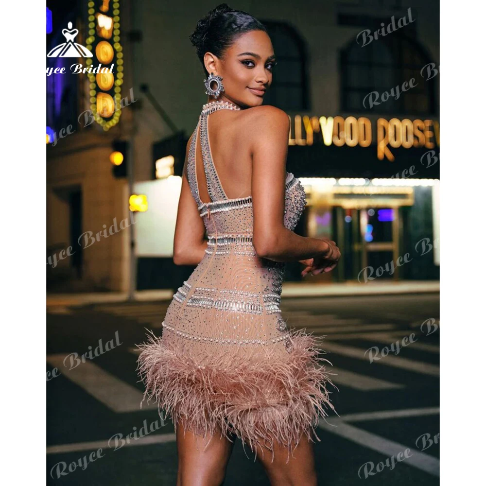 Glam Feather Prom Dress High Halter Rhinestone Mesh Mini Evening Dress Women's formal evening gowns Party Dress Customized image 3