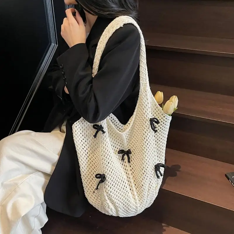 

1Pcs Women Bow Crochet Tote Solid Color Multifunctional Knitted Bag Cute Aesthetic Handbag Girls Hobo Bag for Holiday Travel