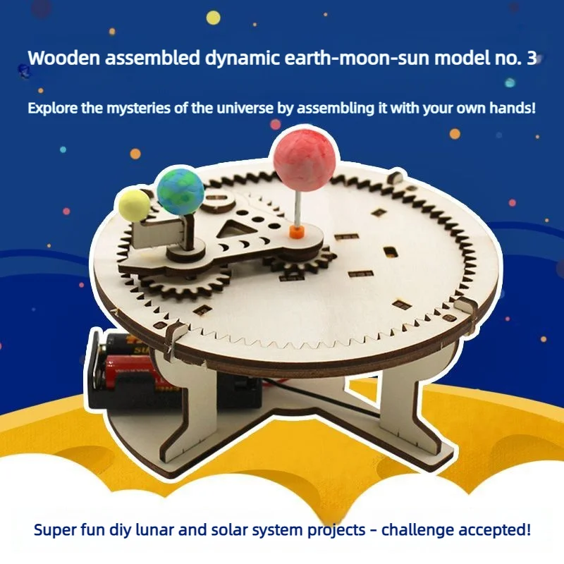 DIY Electric Three-Ball Orrery Wooden Assembly Kit Dynamic Sun Moon Earth Celestial Body Demonstration Model