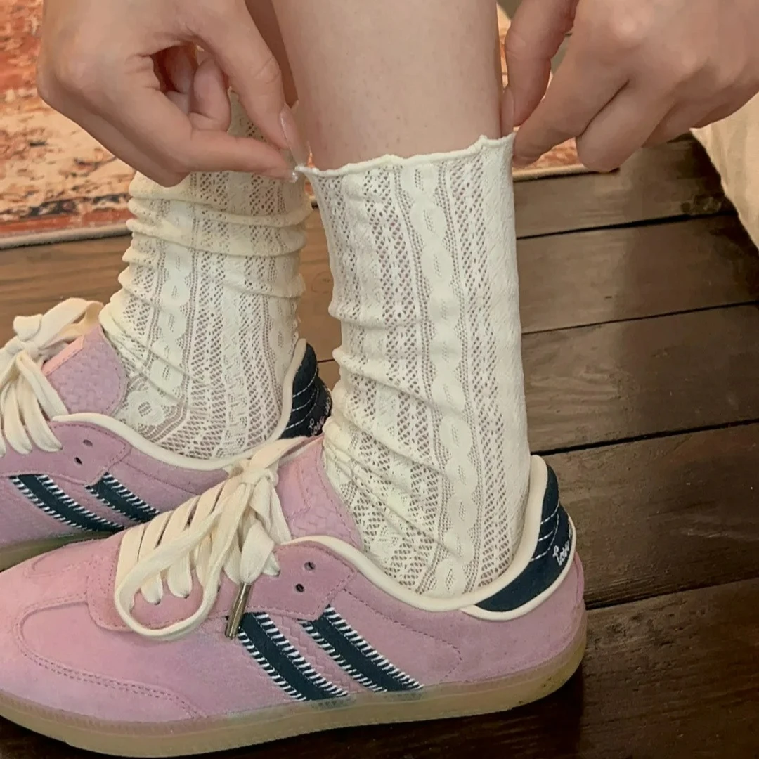 2 paia di calzini lunghi scavati in pizzo a rete da donna calzini femminili solidi retrò estivi sottili casuali di base per ragazze dolci