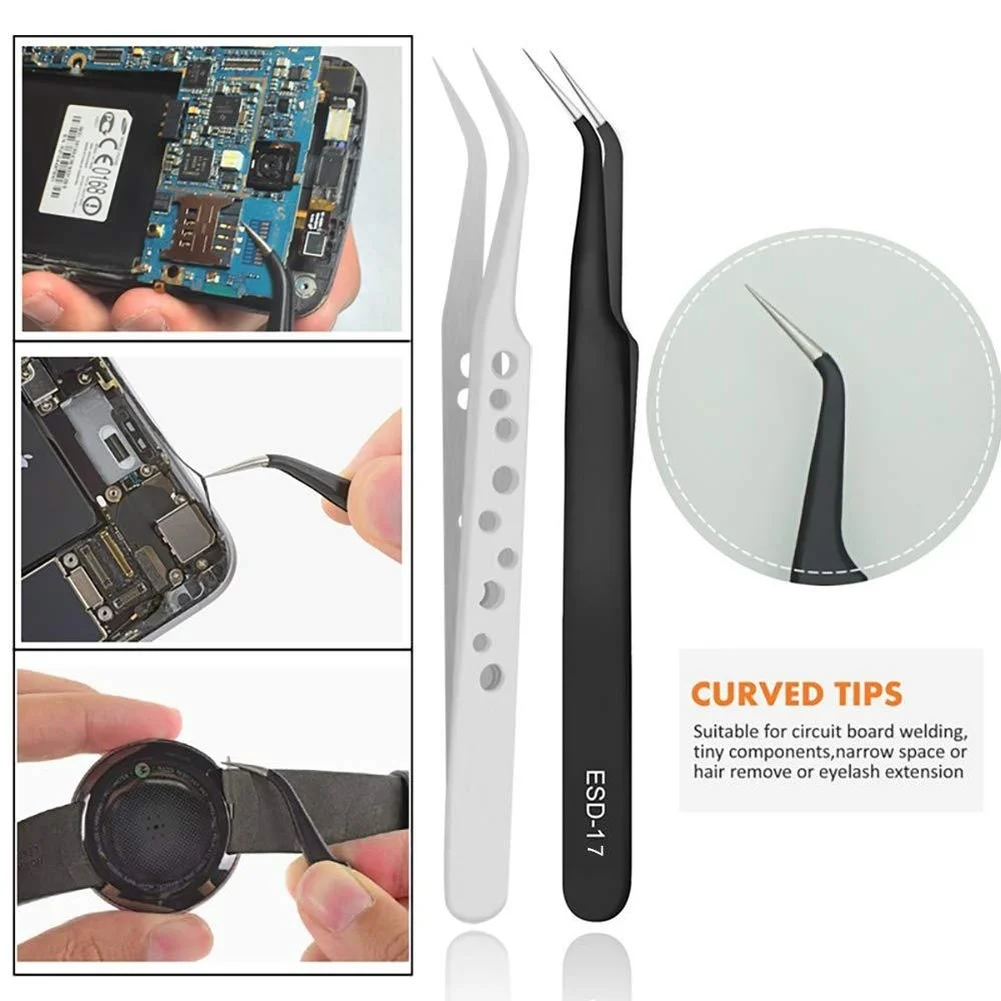 9 Piece For Static Stainless Steel Tweezers Set High Carbon Precision Tips For Electronics Jewelry PCB Soldering Repair Tools K