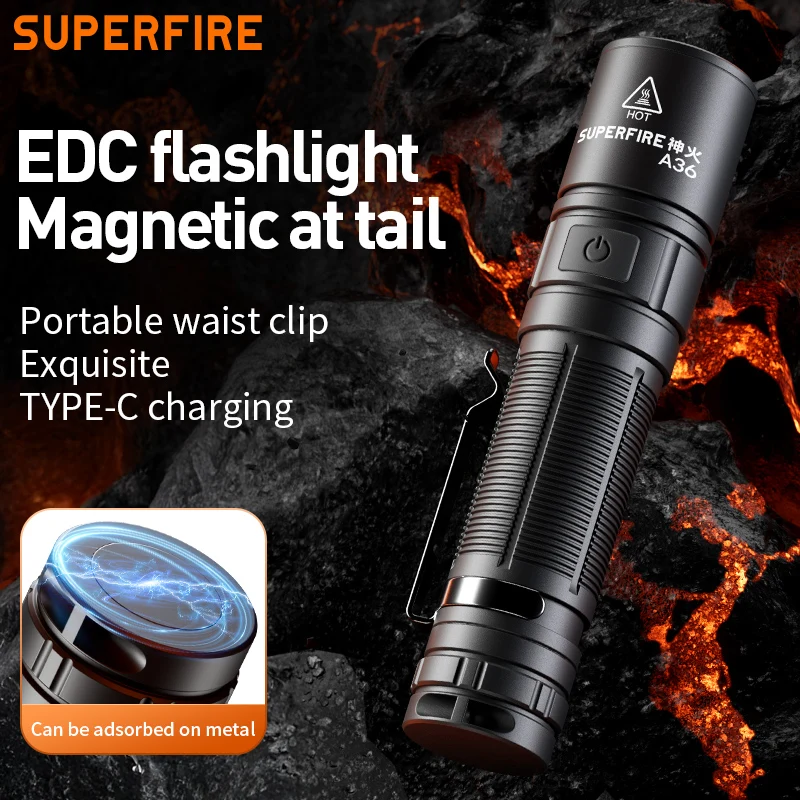SUPERFIRE A36 High Power EDC Flashlight Type-C Rechargeable 12W Tactical Torch Lamp with Indicator Magnet Tail Camping Lantern