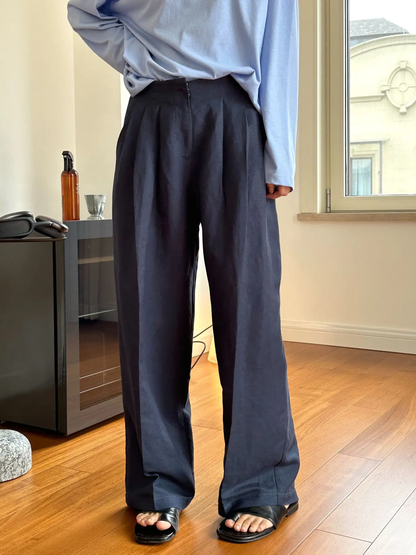 Casual Linen Wide Leg Pants Pleated Commute High Waist Straight Cut Long Trousers for Women Cotton Blend Thin Summer Pants
