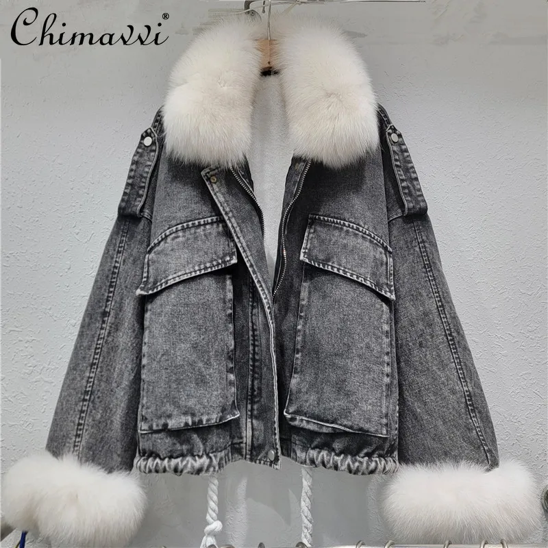الراقية الفراء الحقيقي طوق الدنيم سترة المرأة مبطنة بالصوف سميكة الشتاء الكورية موضة فضفاضة Batwing كم معطف القطن الدافئ