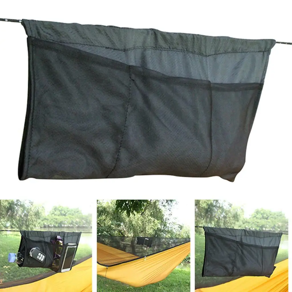 Hanging Mesh Bag with 7 Pockets for Outdoor Hammock Sleeping Bed Swing Gear Holder Organizer, Accessories Storage Bag, Black