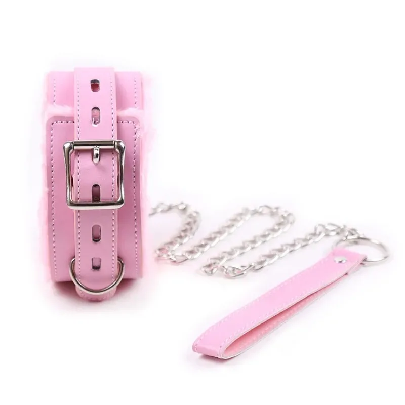 

Pink Plush Binding Neck Set Iron Ring Traction Chain Binding Neck Set Leather Collar