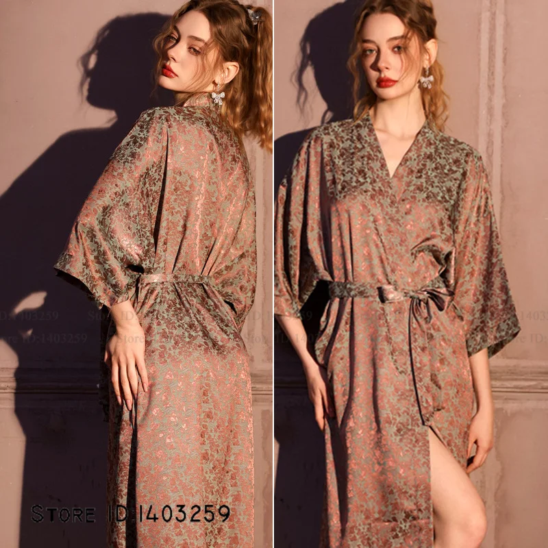 Jacquard Women's Robe Homewear Sexy Long Kimono Bathrobe Gown Summer New Lingerie Nightgown Loose Ice Silk Sleepwear Loungewear