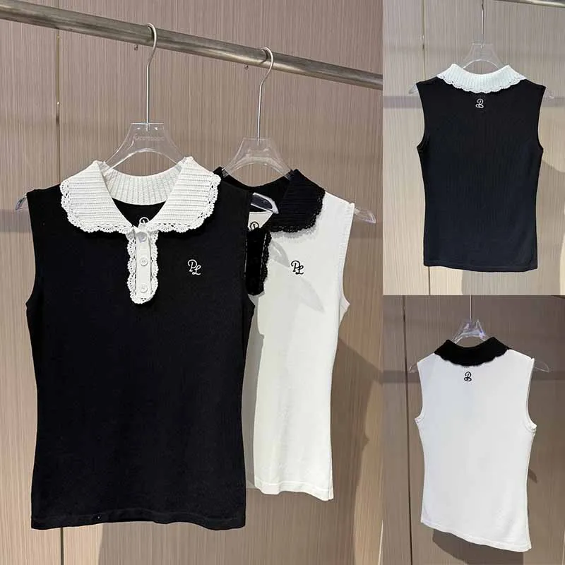 PL Summer Women Polo Collar Sleeveless Shirts Knitted Stretchy Vest Korean Sports Tank Tops Breathable Slim T-Shirts Sweater