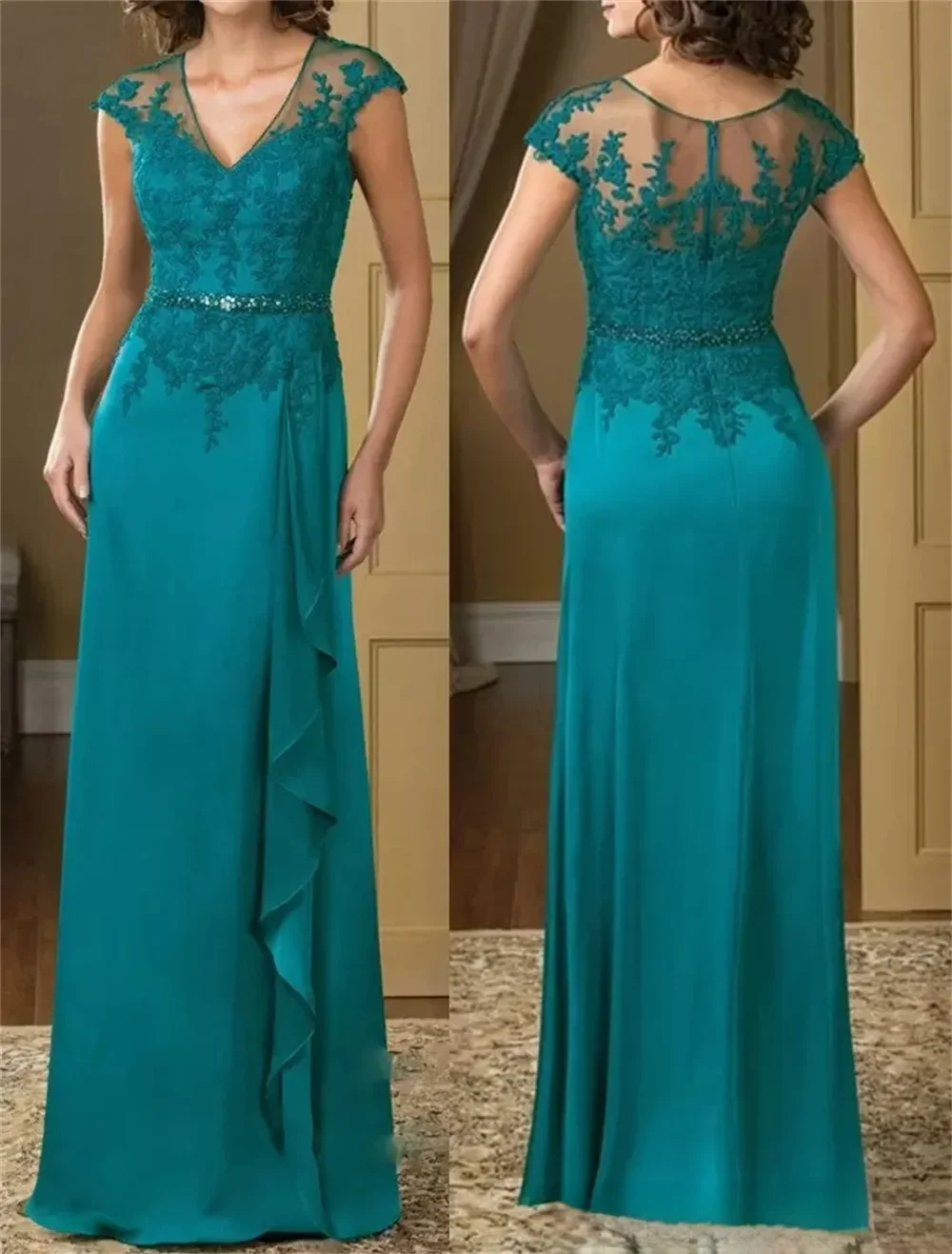 

A-Line Lace Floor-Length Mother Of The Bride Dress Elegant 2023 Plus Sizes Turquoise Appliques Chiffon Short Sleeve Ruffles Belt