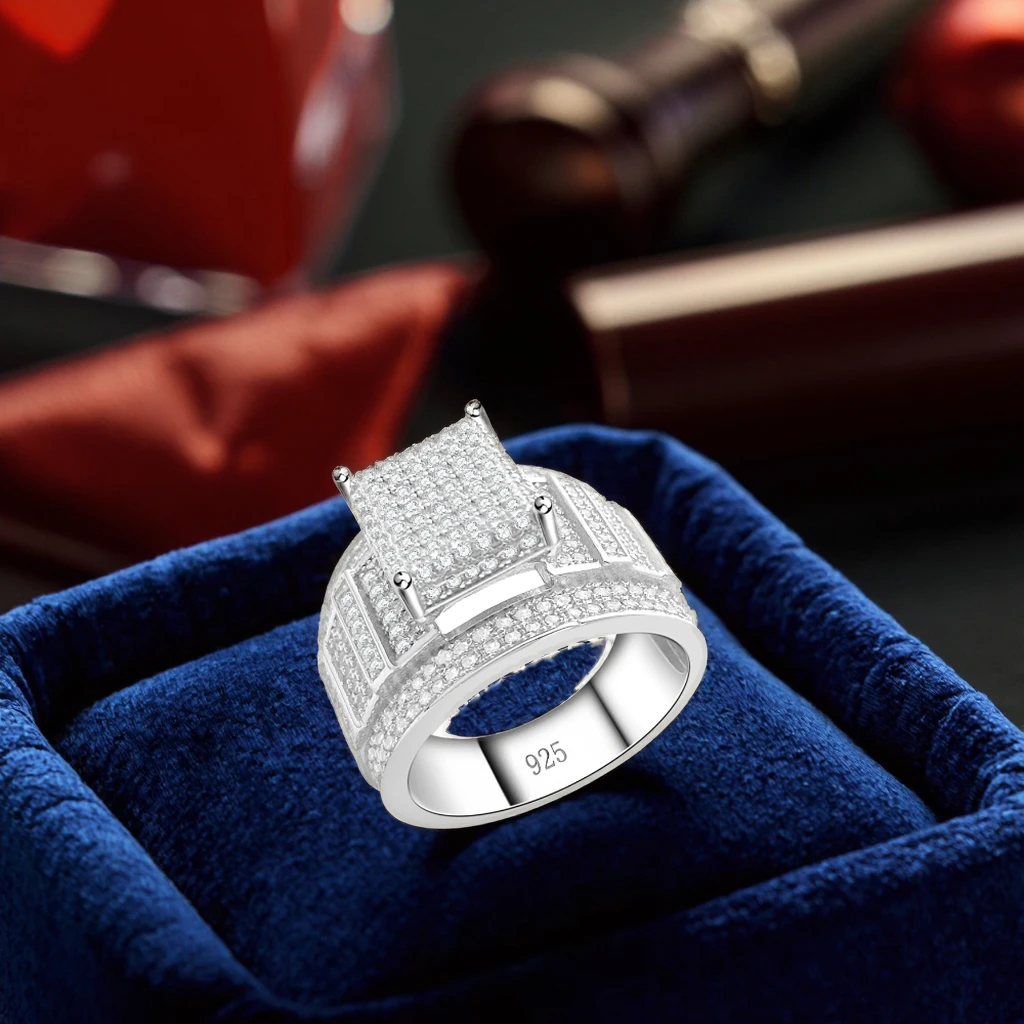 

Dubai Style Cool VVS Moissanite Ring for Men 925 Silver Hip Hop Fashion Jewelry with Iced Paved Statement Piece
