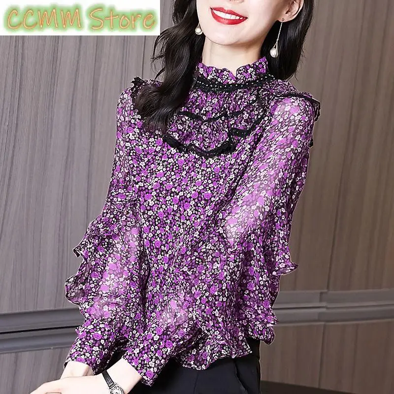

Vintage Broken Flowers Printed Shirt Female Clothing Stand Collar Lace Spring Autumn Long Sleeve Stylish Ruffles Spliced Blouse