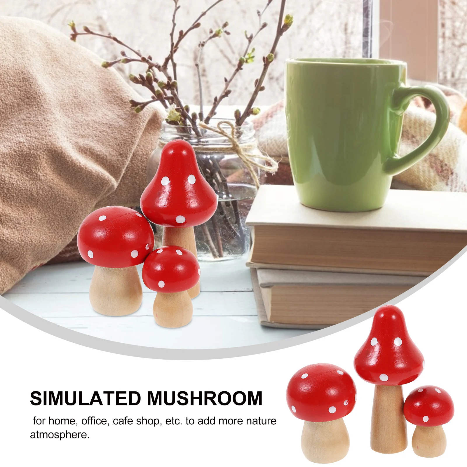 

3 Pcs Wooden Mushroom nament Realistic Colorful Durable Home Office Cafe Decor Simulated Plant Mushroom Desktop nament