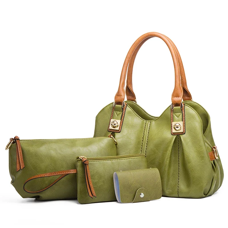

New style Fashion Retro 4 Pcs Set Women's Bag Ruched Design Hard PU Leather Ladies Handbag Shoulder Bag Purse and Card Bag Set