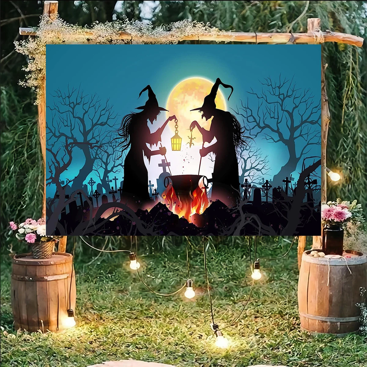 

Creepy Witch Happy Halloween Backdrop Graveyard Banner Haunted House Dressed Up Party Decorations Photography 10x8ft Fabric