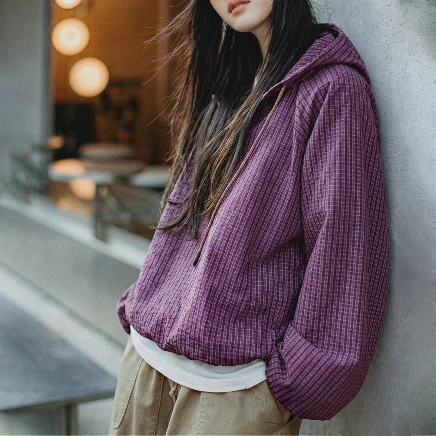 Maden Women's Oversized Half Zip Hoodie Utility  Sports Sweatshirt Purple Plaid Lightweight Long Sleeve Pullover For Spring