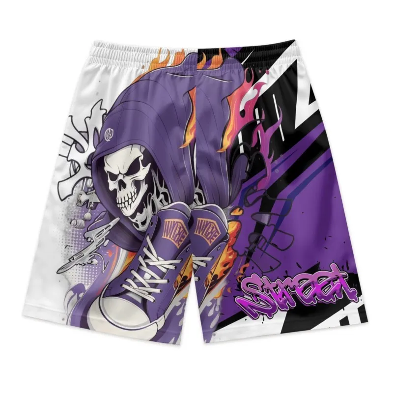 Soul Reaper Print Men's Purple Drawstring Waist Shorts Quick Dry Breathable Beach Shorts Casual Polyester Sport Shorts For Men