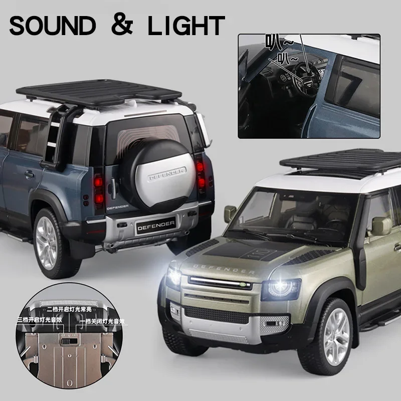 1:18 Land Rover Defender SUV Off-road Alloy Model Car Diecast Toy Car Collection Simulation Sound Light Children Day Gifts