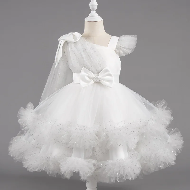 Formal Girl Dress Sequin One-Shoulder Princess Pageant Dress Puffy Layered Tulle Birthday Ball Gown Bow Fairy Cape Wedding Party