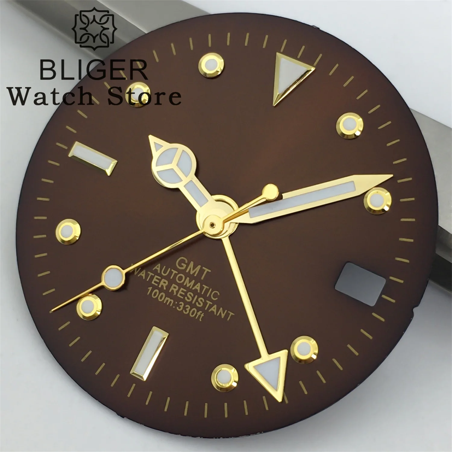 BLIGER NH34 الطلب 29 مللي متر البني GMT الهاتفي الذهب مقياس الذهب 4 دبوس الأخضر مضيئة يناسب NH34 ساعة يد تعمل بالحركة تعديل الملحقات #4