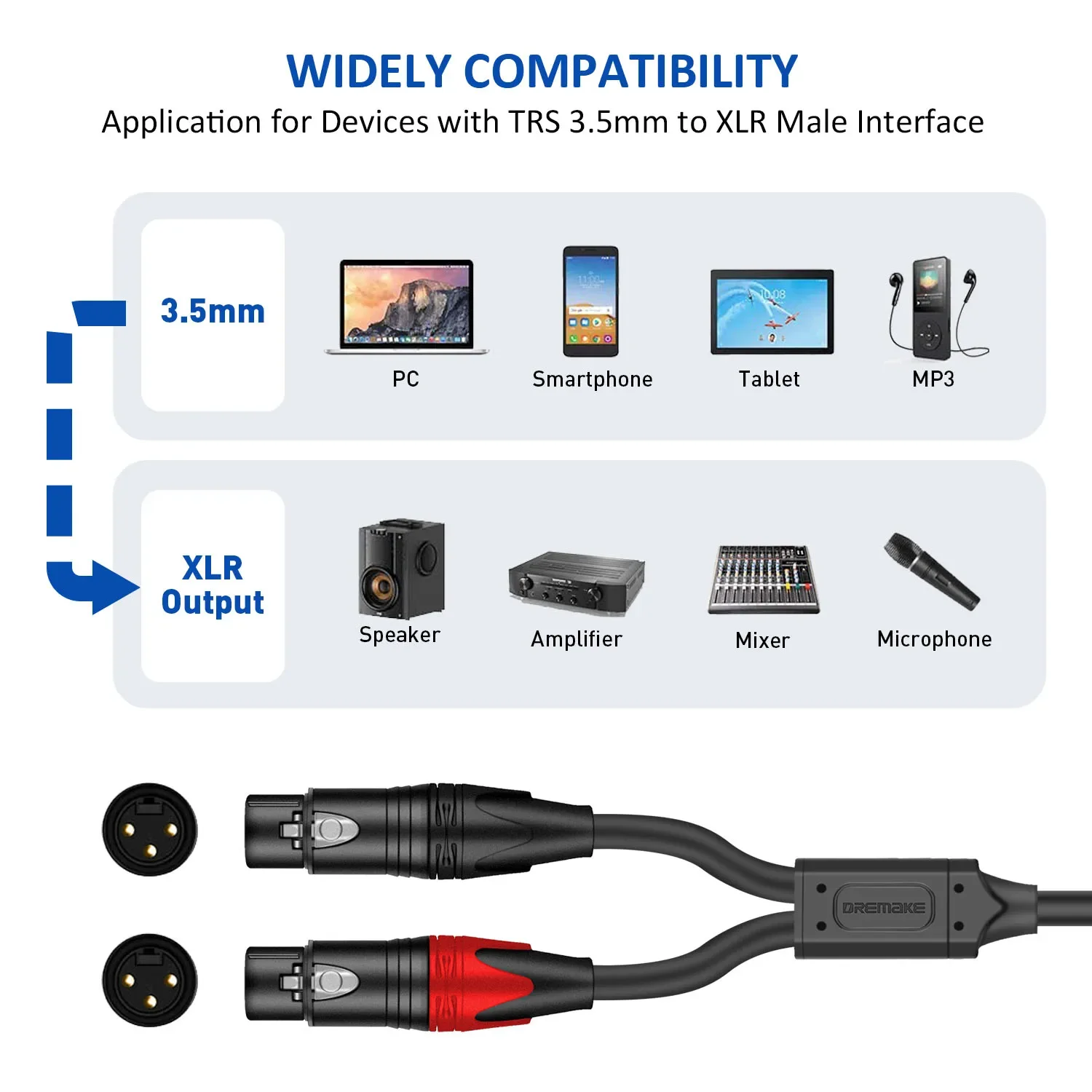 DREMAKE Aux 3.5mm to Dual XLR Breakout Cable 1/8 Inch to Double XLR Plug Unbalanced Y-Splitter XLR to 3.5mm Audio Adapter Cord