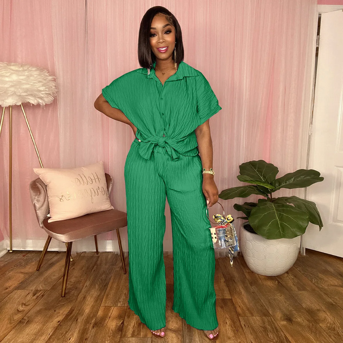 Ladies Pleated Knit Pants And Short-Sleeved Shirt Suit With Trousers Spring/Summer Pleated Cloth Women's 2-Piece Pants Set
