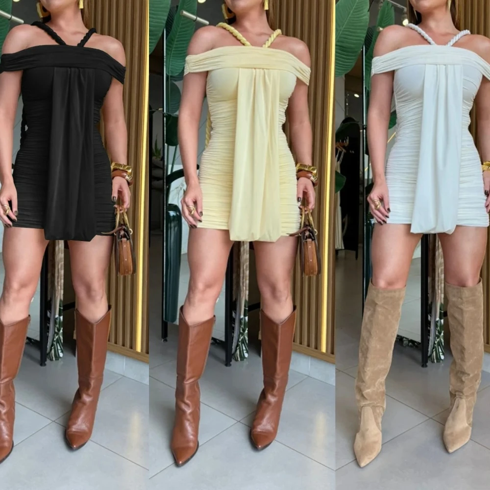 فستان نسائي قصير مكشكش برقبة مائلة وشريط رسن لخريف 2025 فساتين سهرة مثيرة للحفلات والعطلات على الشاطئ