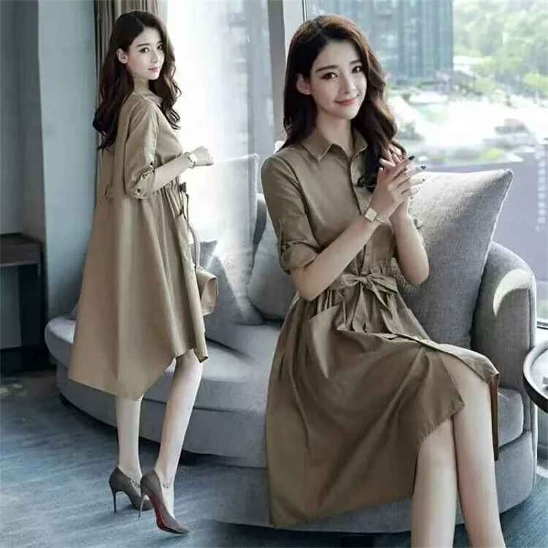 

Korean Female V-neck Long Sleeved Windbreaker Dress Coat Spring Autumn New Women V-neck Mid Length Version Vestidos Jacket