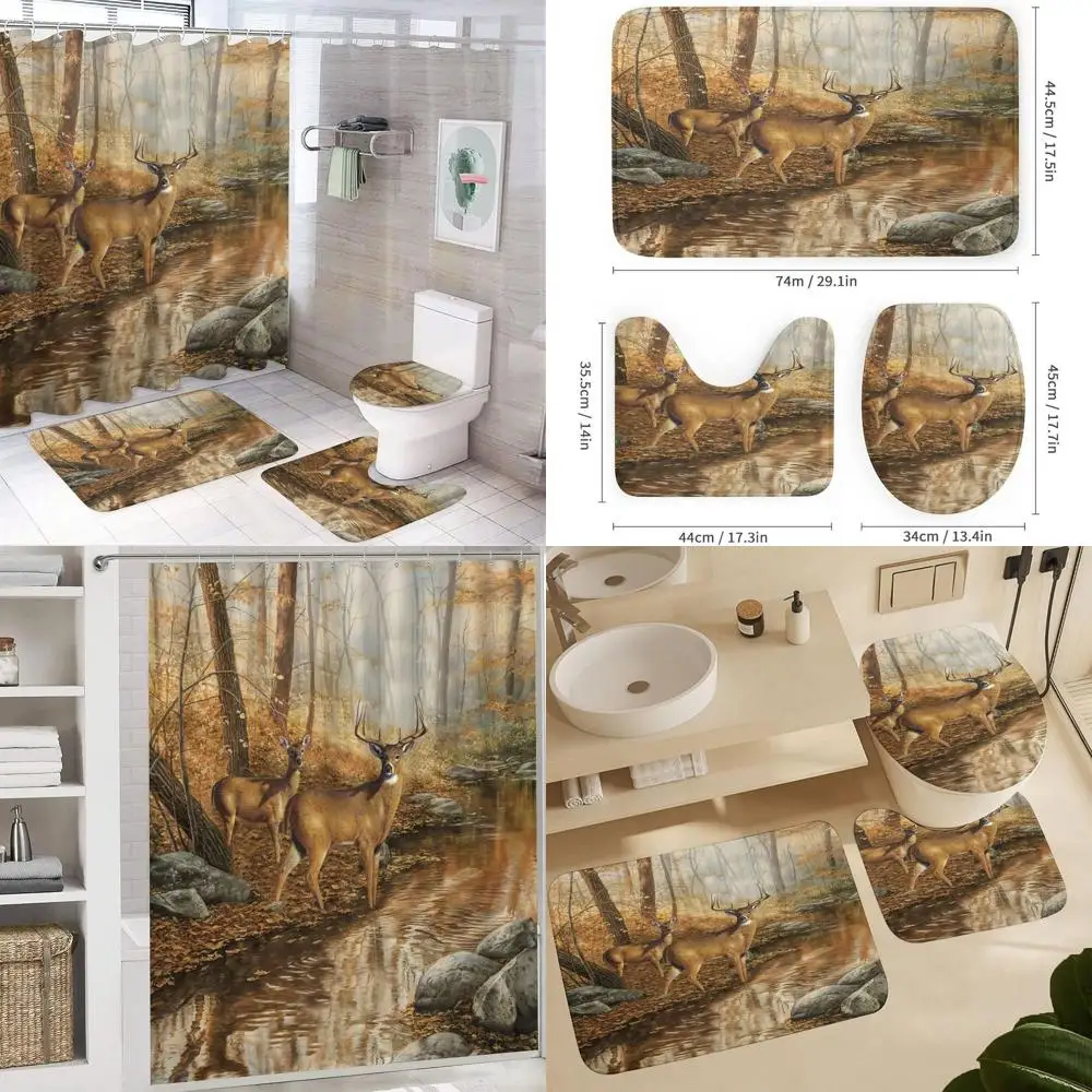

Deer Wildlife Shower Curtain Set with Non-Slip Rugs, Toilet Cover, and Bath Mat - Rustic Bathroom Decor