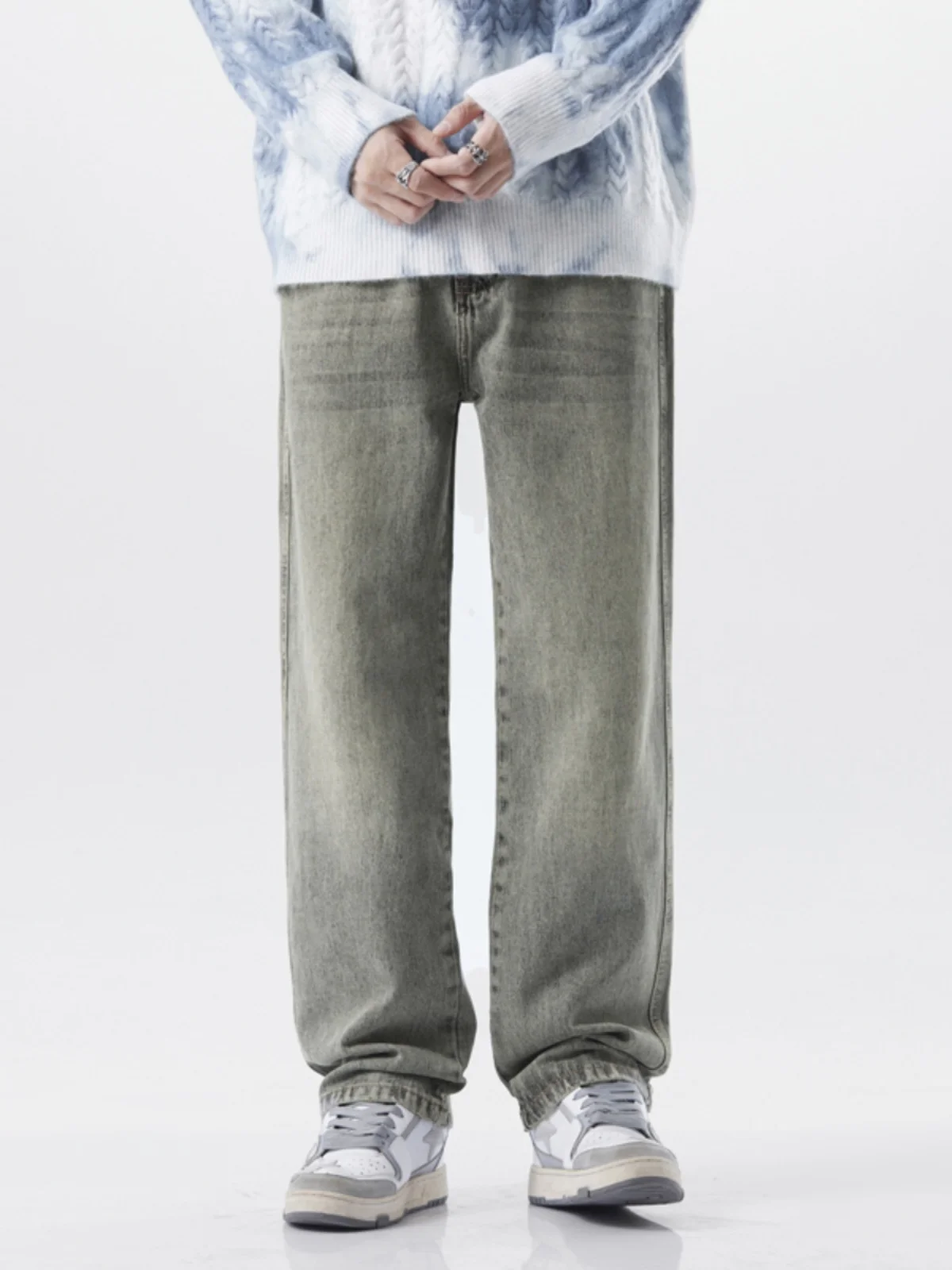 

American High-End Men's Loose Straight Leg Jeans Vintage Washed Casual Versatile Long Trousers Durable mid Waist Zipper Fly